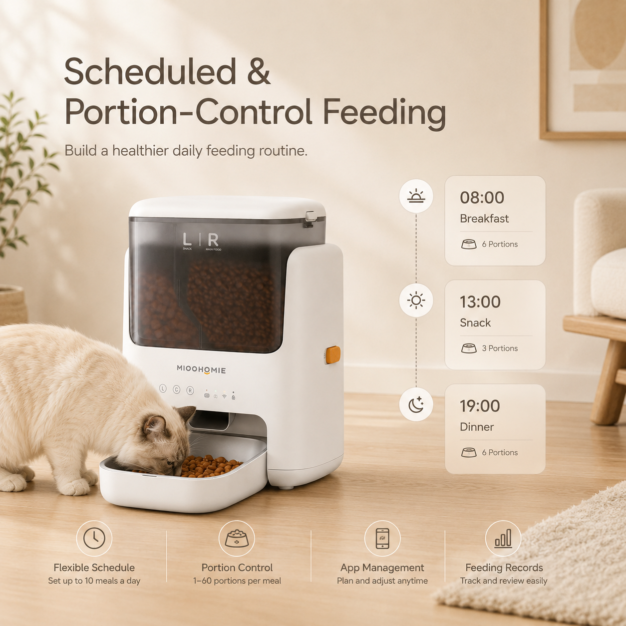 MiooHomie L01 BOWLY Dual-Compartment WiFi Smart Pet Feeder for Cats and Small Breed Dogs