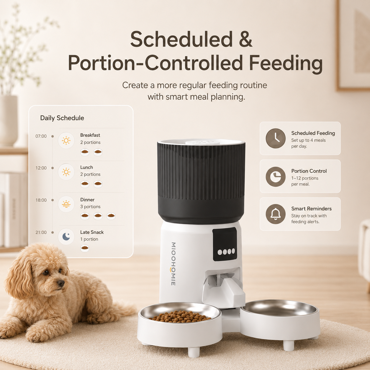 MiooHomie C-04 4L Dual-Bowl Automatic Cat Feeder with 1080P Camera, Wi-Fi App Control for Two Pets