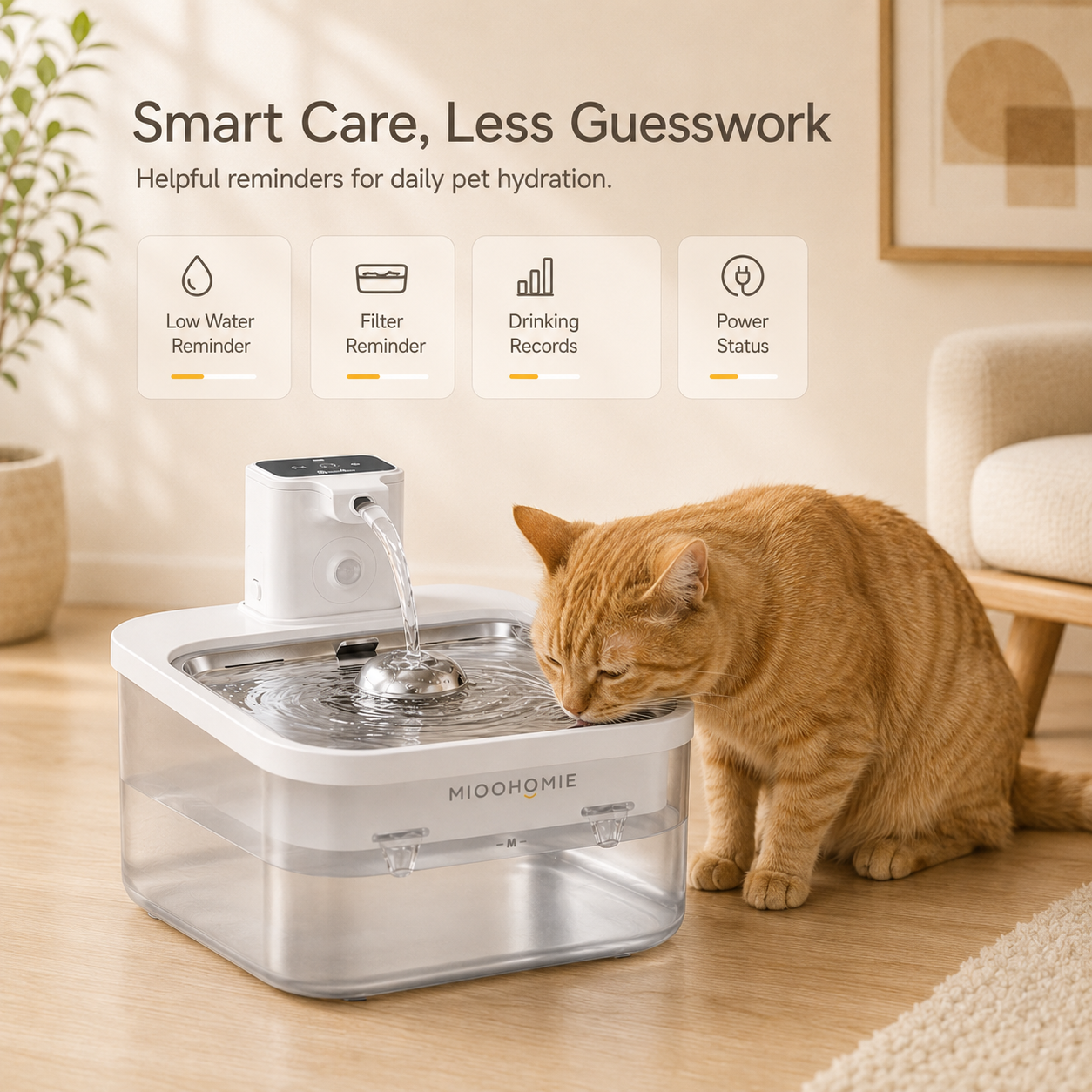 MIOOHOMIE MW-B09 Smart Stainless Steel Cat Water Fountain, 5200mAh Rechargeable Pet Water Dispenser with 3L Capacity, Quiet Circulating Filter for Cats & Small Dogs