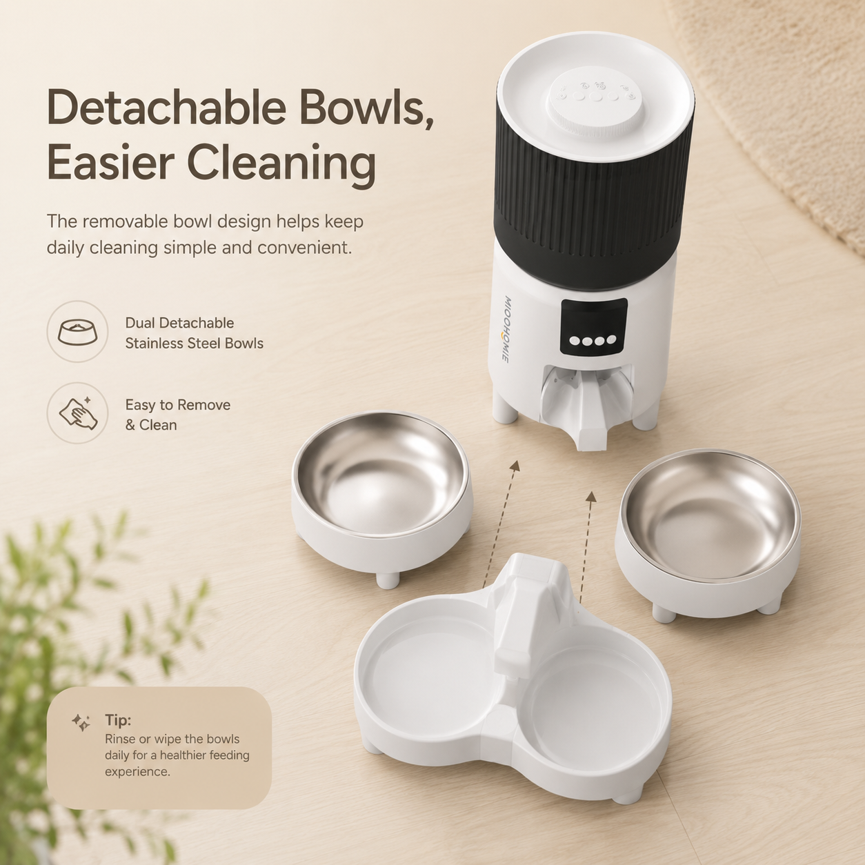 MiooHomie C-04 4L Dual-Bowl Automatic Cat Feeder with 1080P Camera, Wi-Fi App Control for Two Pets