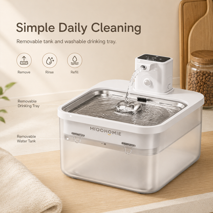 MiooHomie MW-B08 3L Smart Cat Water Fountain with 4000mAh Rechargeable Battery, Stainless Steel Drinking Tray, Quiet Automatic Pet Water Dispenser for Cats & Small Dogs