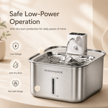 MIOOHOMIE MW-B10 Smart Stainless Steel Cat Water Fountain, 4000mAh Rechargeable Pet Water Dispenser with Quiet Circulating Filter for Cats & Small Dogs