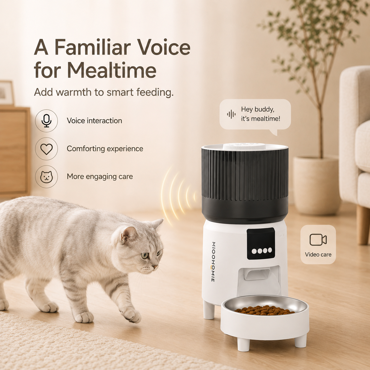 MiooHomie C-02 4L Dual-Bowl Automatic Cat Feeder with 1080P Camera, Wi-Fi App Control for Two Pets