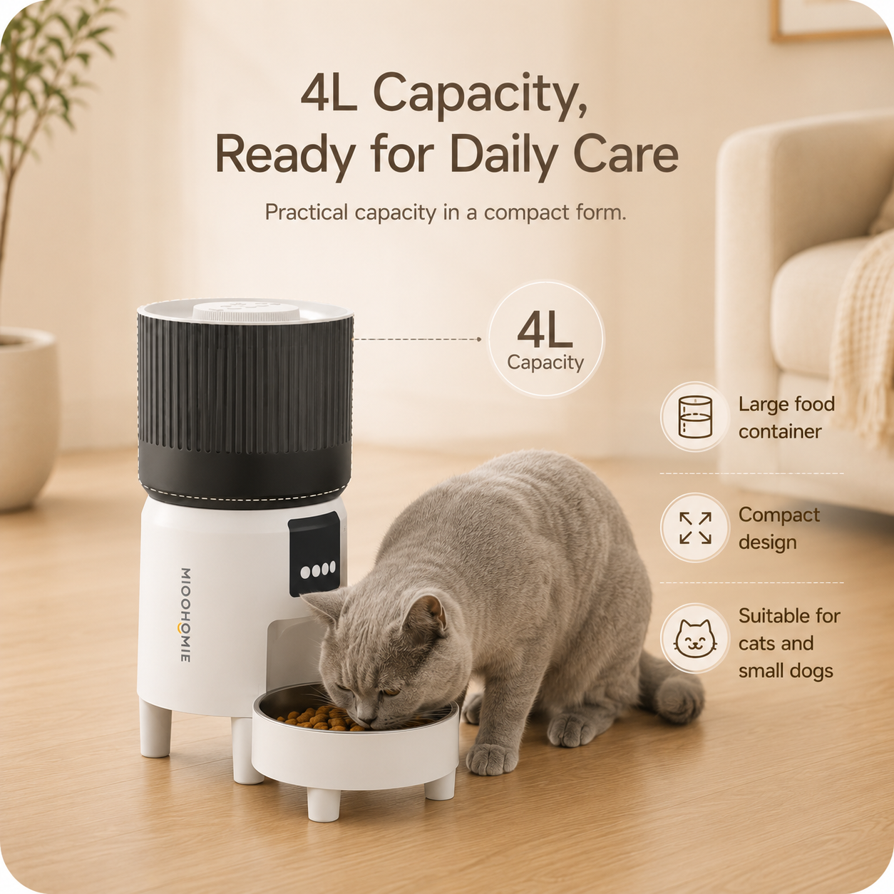 MiooHomie C-03 4L Automatic Cat Feeder with 1080P Camera, 2.4GHz/5GHz Wi-Fi & App Remote Feeding