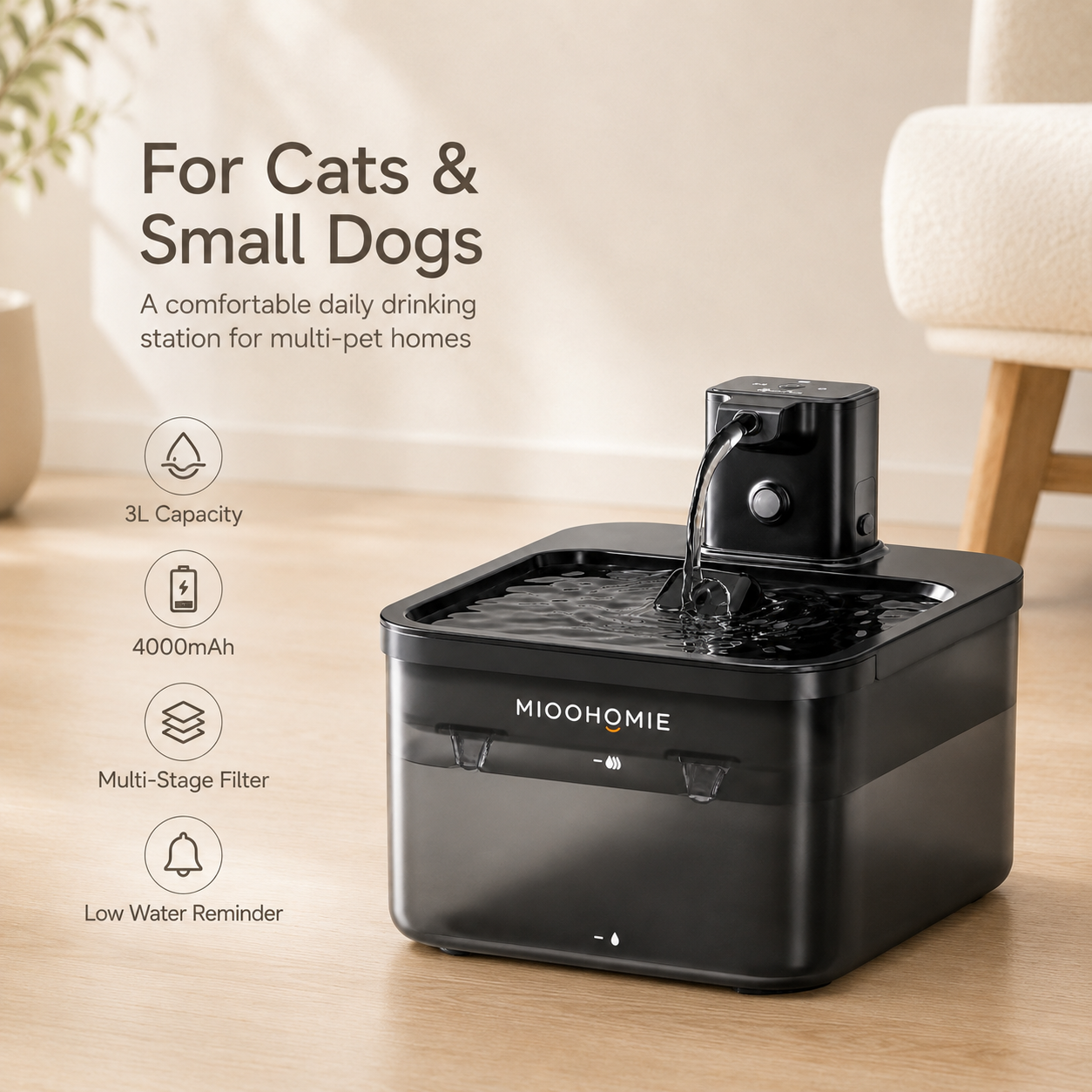 MIOOHOMIE MW-B05 FLOWLY GO Cordless Smart Pet Water Fountain with 4000mAh Rechargeable Battery & 3L Capacity