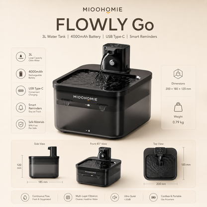 MIOOHOMIE MW-B05 FLOWLY GO Cordless Smart Pet Water Fountain with 4000mAh Rechargeable Battery & 3L Capacity