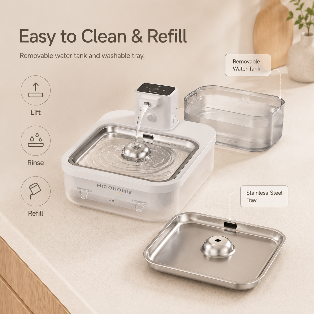 MIOOHOMIE MW-B09 Smart Stainless Steel Cat Water Fountain, 5200mAh Rechargeable Pet Water Dispenser with 3L Capacity, Quiet Circulating Filter for Cats & Small Dogs