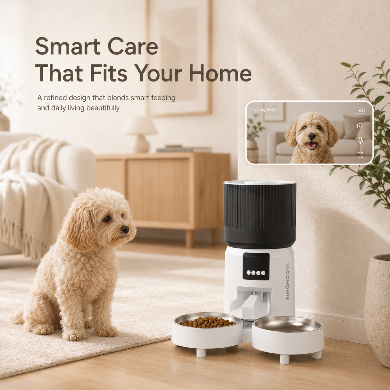 MiooHomie C-04 4L Dual-Bowl Automatic Cat Feeder with 1080P Camera, Wi-Fi App Control for Two Pets