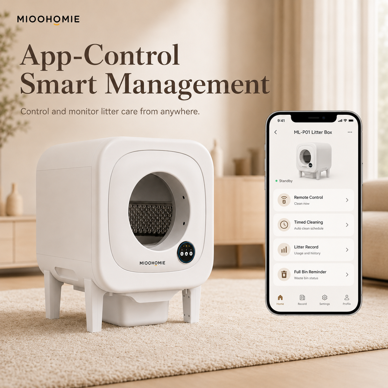 MiooHomie ML-P01 LITTY Pro App-Control Self-Cleaning Cat Litter Box with Smart Reminders, 10L Waste Bin & Odor Control for Cats Under 22kg
