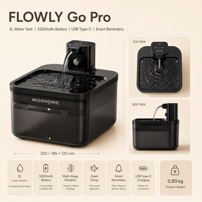 MIOOHOMIE MW-B06 FLOWLY Go Pro 5200mAh Smart Pet Water Fountain with 3L Capacity, Multi-Stage Filtration & Smart Reminders