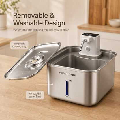 MIOOHOMIE MW-B10 Smart Stainless Steel Cat Water Fountain, 4000mAh Rechargeable Pet Water Dispenser with Quiet Circulating Filter for Cats & Small Dogs