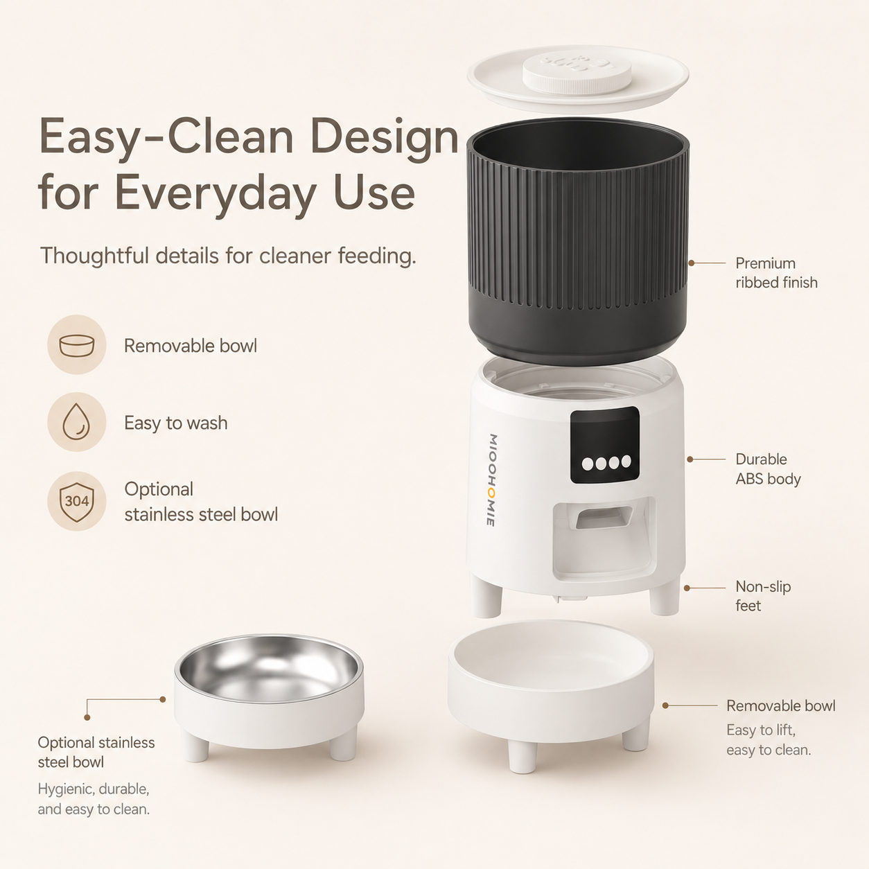 MiooHomie C-03 4L Automatic Cat Feeder with 1080P Camera, 2.4GHz/5GHz Wi-Fi & App Remote Feeding