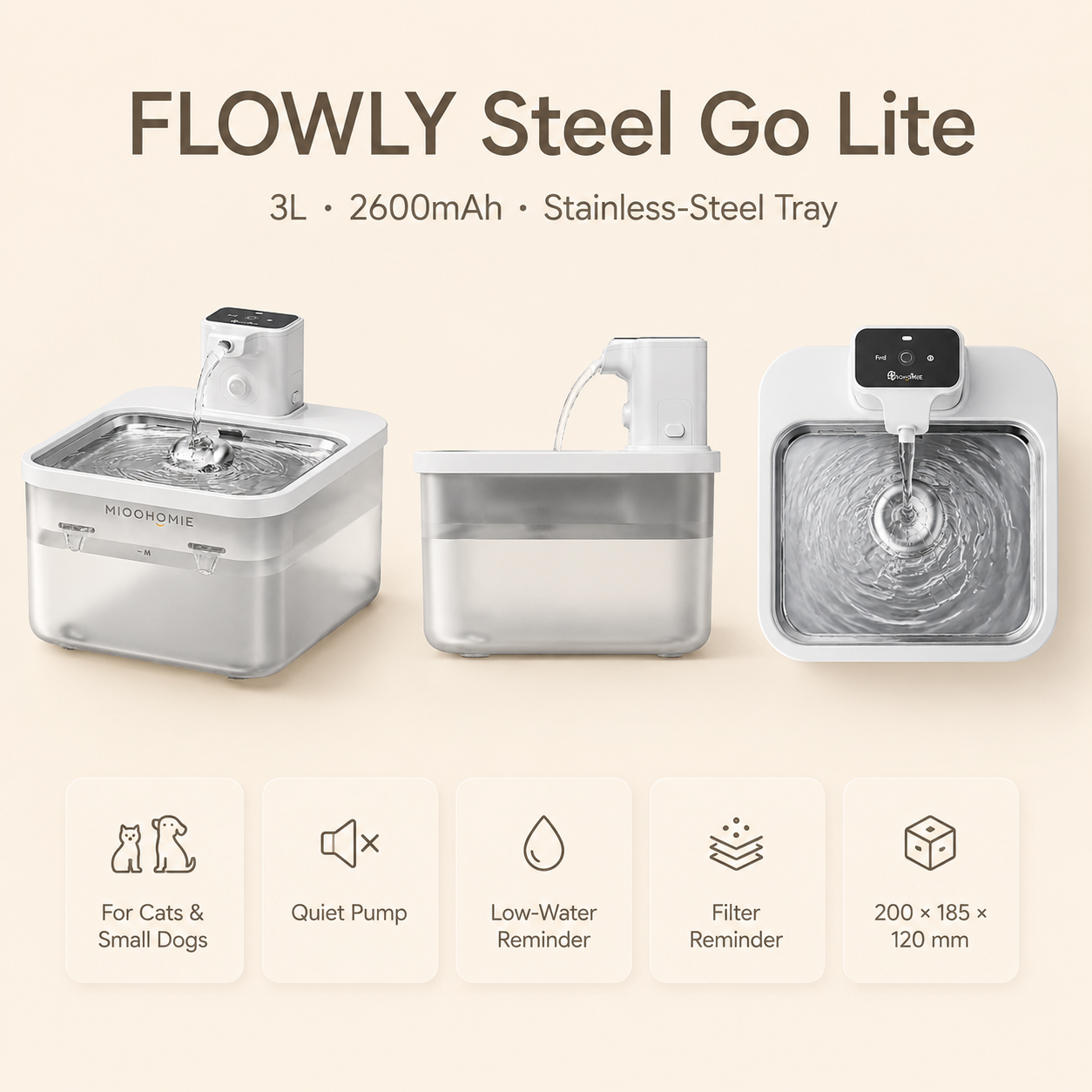 MIOOHOMIE MW-B07 FLOWLY Steel Go Lite 2600mAh Smart Pet Water Fountain with Stainless Steel Tray & 3L Capacity