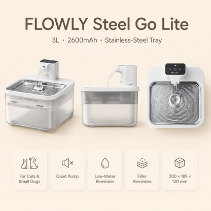 MIOOHOMIE MW-B07 FLOWLY Steel Go Lite 2600mAh Smart Pet Water Fountain with Stainless Steel Tray & 3L Capacity