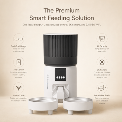 MiooHomie C-05 4L Dual-Bowl Automatic Cat Feeder with 2K Camera, Wi-Fi App Control for Two Pets