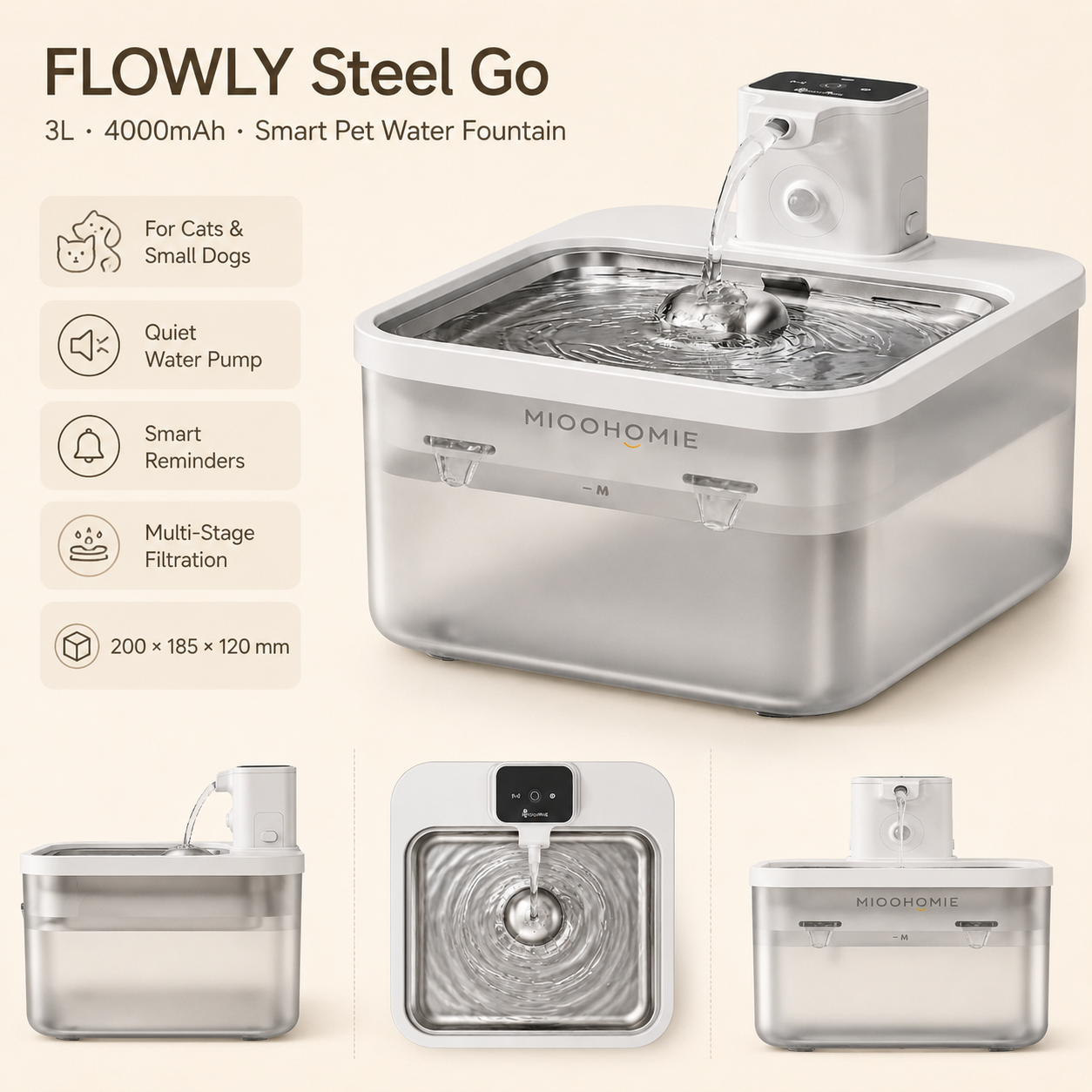 MiooHomie MW-B08 3L Smart Cat Water Fountain with 4000mAh Rechargeable Battery, Stainless Steel Drinking Tray, Quiet Automatic Pet Water Dispenser for Cats & Small Dogs