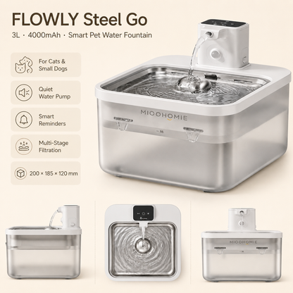 MiooHomie MW-B08 3L Smart Cat Water Fountain with 4000mAh Rechargeable Battery, Stainless Steel Drinking Tray, Quiet Automatic Pet Water Dispenser for Cats & Small Dogs