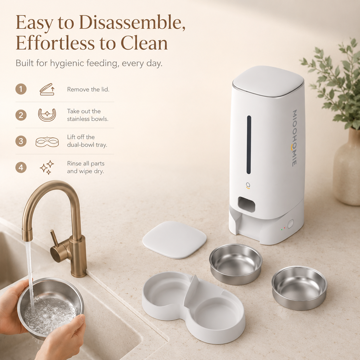 MiooHomie D02 WiFi Smart Pet Feeder with Dual Stainless Steel Bowls, 4L Automatic Cat and Small Dog Feeder