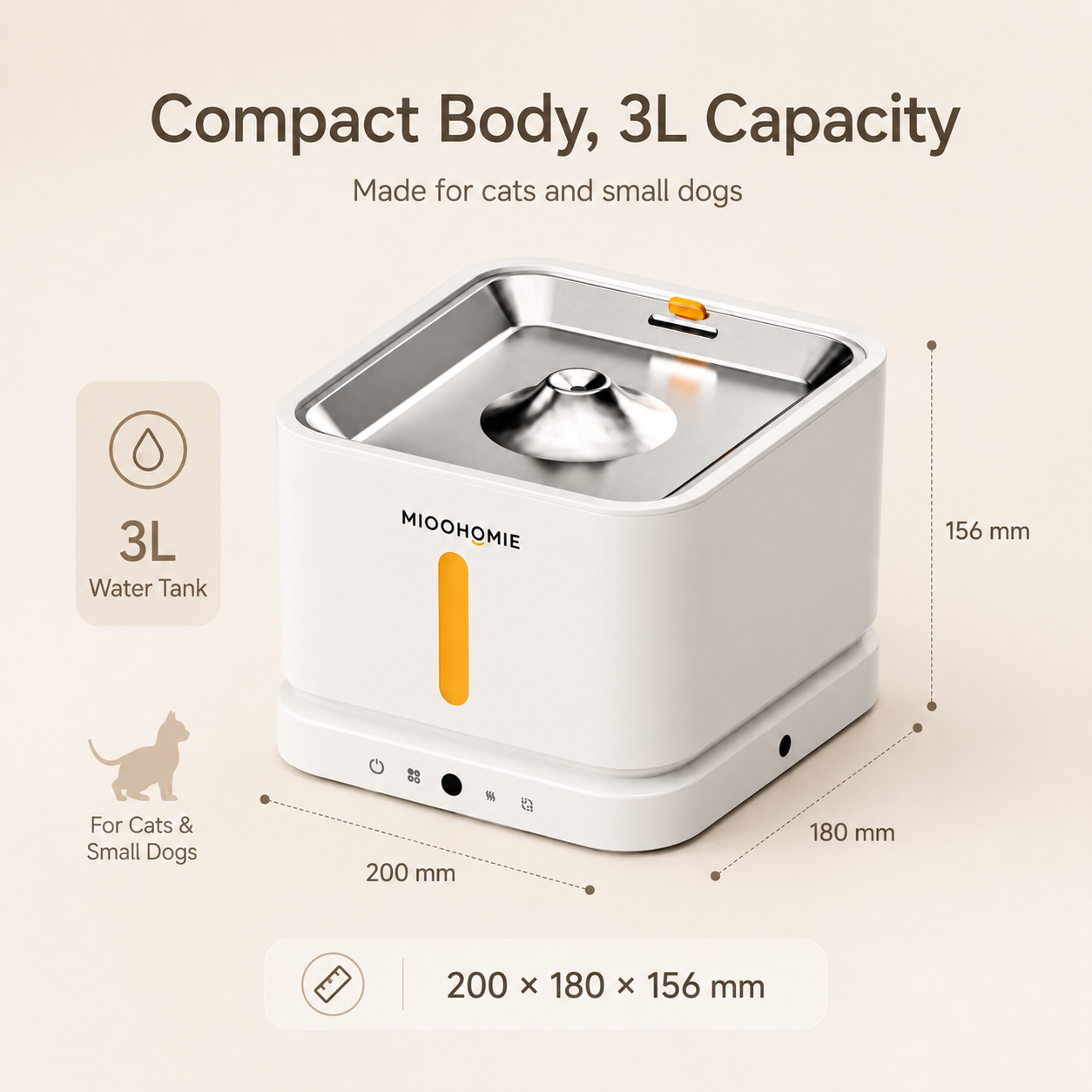 MiooHomie P03 3L Smart Pet Water Fountain with Stainless Steel Drinking Tray, Quiet Pump and Low Water Reminder for Cats and Small Dogs