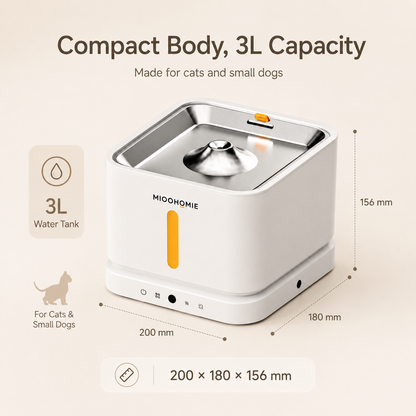 MiooHomie P03 3L Smart Pet Water Fountain with Stainless Steel Drinking Tray, Quiet Pump and Low Water Reminder for Cats and Small Dogs